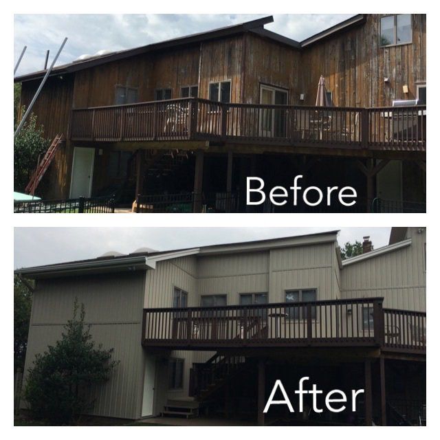 Before-and-after of a house exterior, with old brown wood siding replaced by light gray siding.