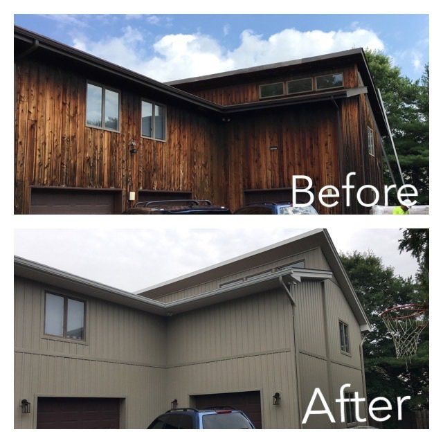 Before-and-after of a house exterior: dark wood siding changed to light gray siding.