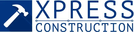 Xp ress Construction logo with blue hammer icon and blue text on white background