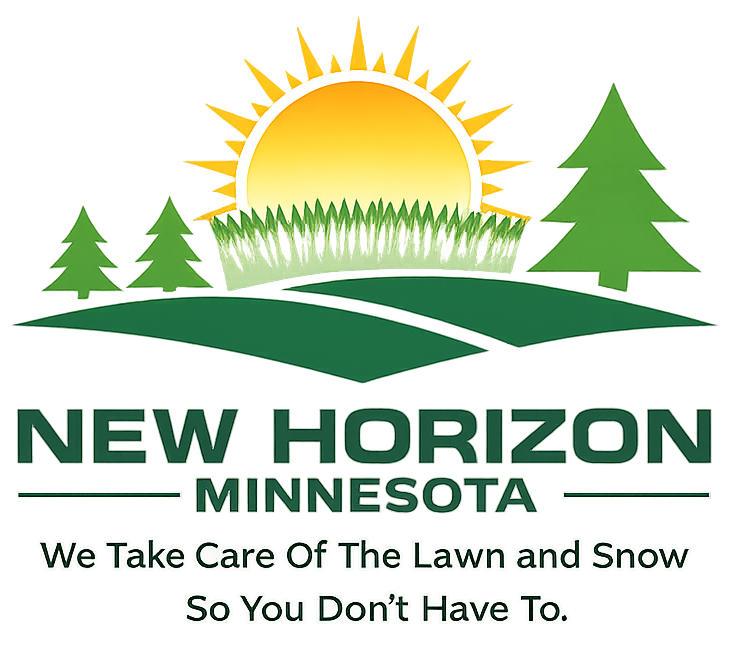 Logo for New Horizon Minnesota, featuring a sun, trees, and grass, with the text: We Take Care Of The Lawn and Snow.