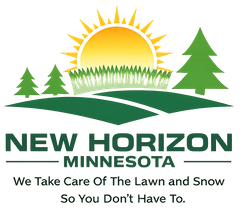 Logo for New Horizon Minnesota, featuring a sun, trees, and grass, with the text: We Take Care Of The Lawn and Snow.
