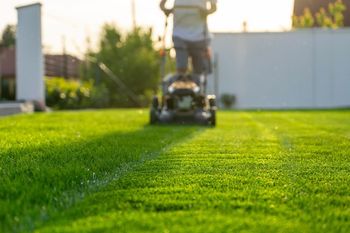 A person pushing a lawnmower across a vibrant, freshly cut green lawn during sunset.