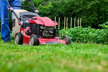 A red lawnmower being pushed across a grassy yard in front of a garden.