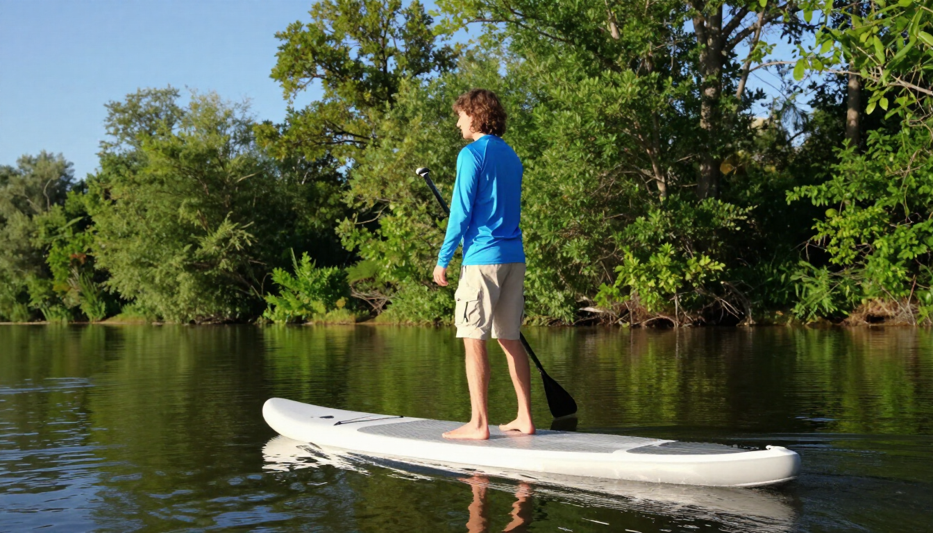 photorealistic person paddleboarding on a calm river during a sunny afternoon lush green trees in the background peaceful atmosphere