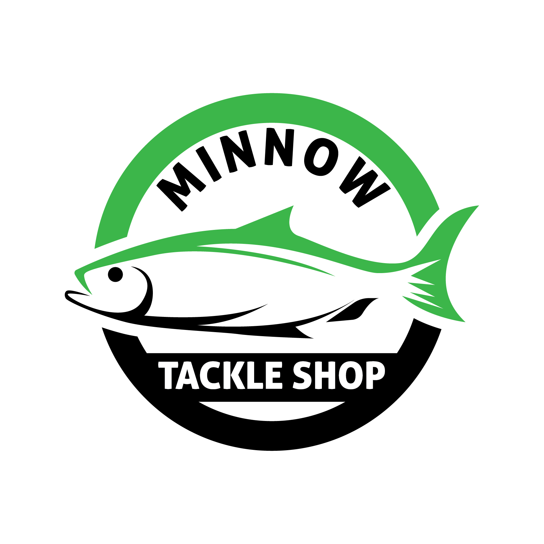 Logo for "Minnow Tackle Shop" featuring a green fish inside a green and black circle.