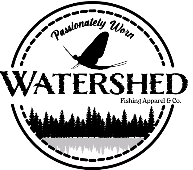 Watershed fishing apparel logo: a stylized fly silhouette above forest and water, within a circle, text "Passionately Worn".
