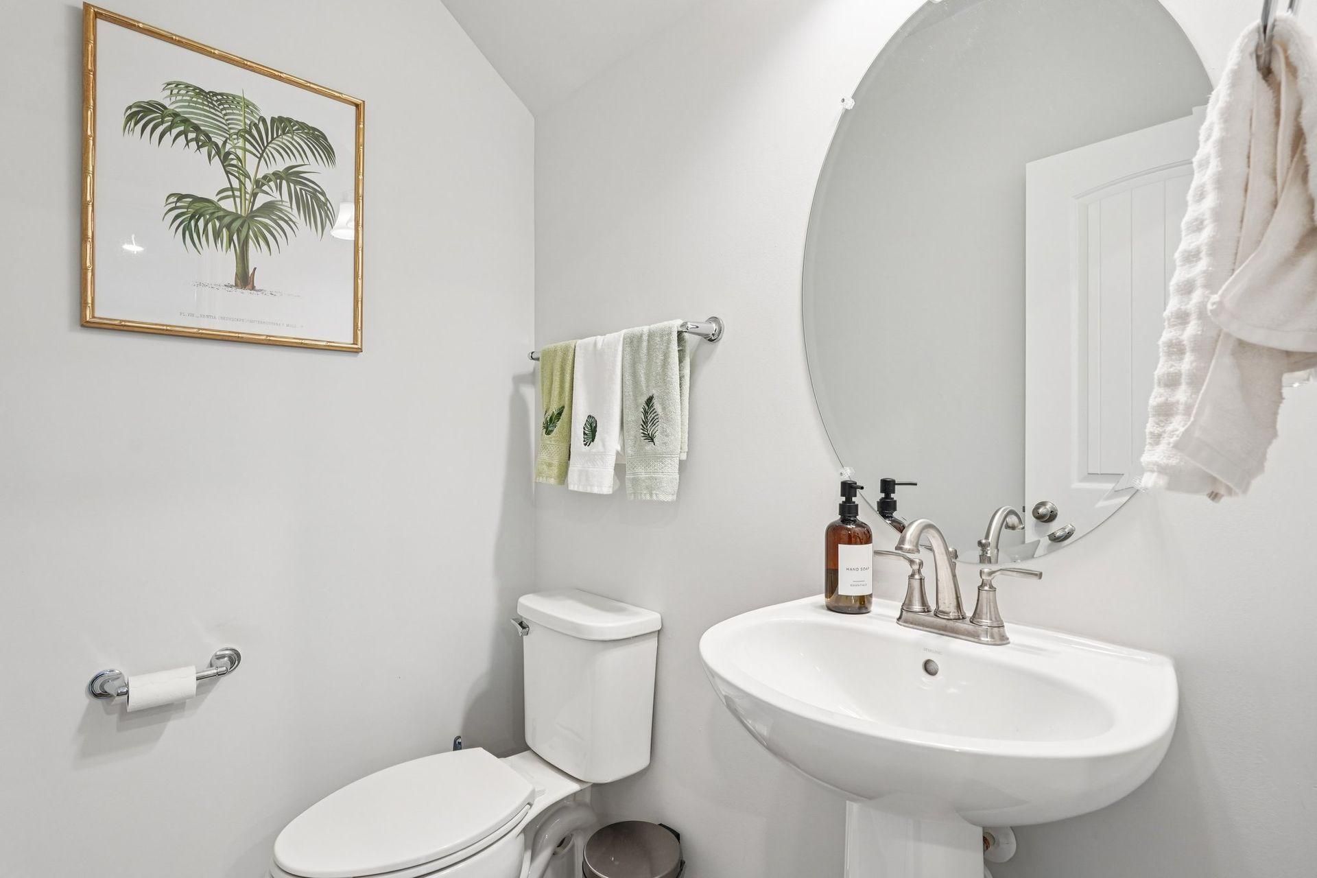 Bright white bathroom with toilet, pedestal sink, round mirror, towel rack, and framed tree art.