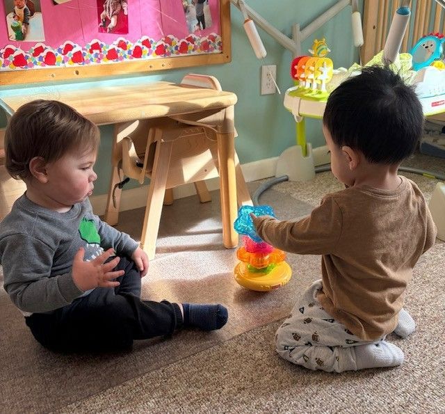 Two toddlers sitting on carpet, playing with colorful toys in a bright room.