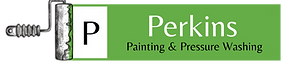 Logo: Green rectangle with "Perkins Painting & Pressure Washing", paint roller icon, and the letter "P".