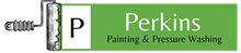 Logo: Green rectangle with "Perkins Painting & Pressure Washing", paint roller icon, and the letter "P".