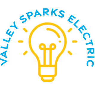 Valley Sparks Electric logo with blue curved text and a yellow light bulb icon