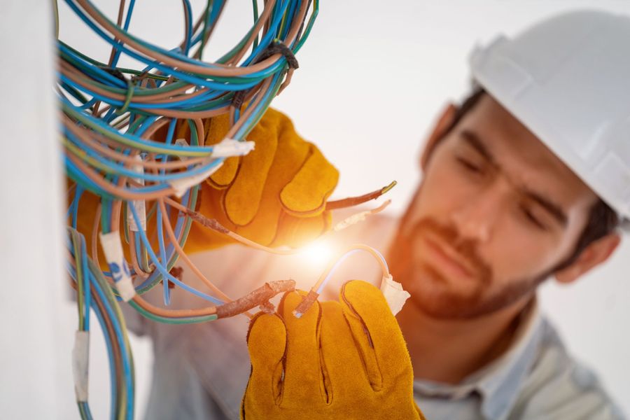 Electrician in hard hat and yellow gloves connecting blue and orange wires with sparks