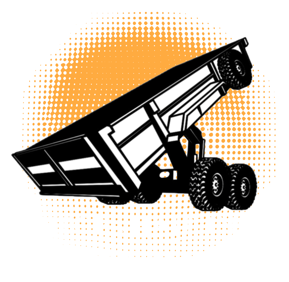 A black and white drawing of a dump truck on a white background.