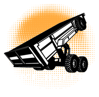 A black and white drawing of a dump truck on a white background.