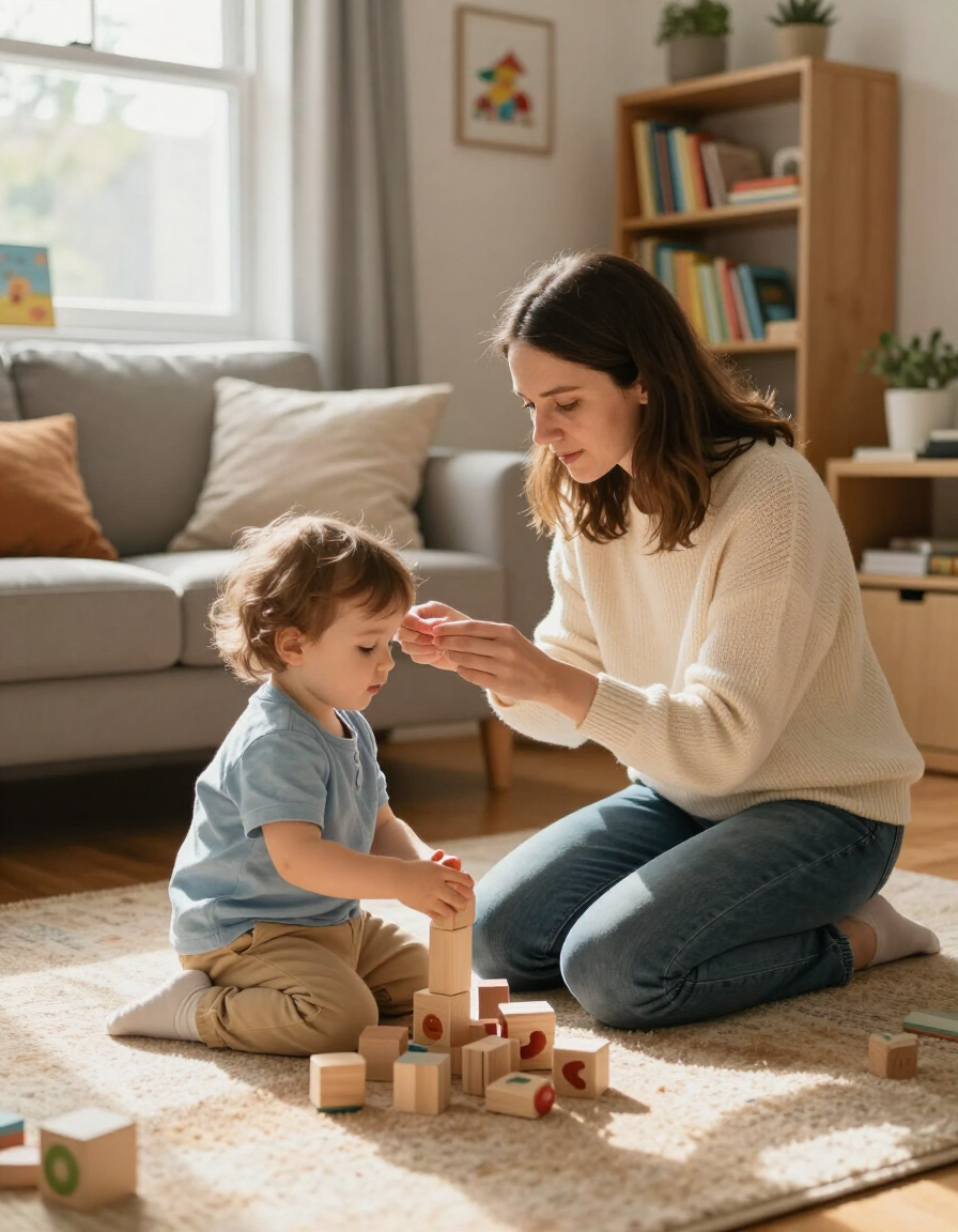 Caregiver engaging with toddler playing with wooden blocks in a home living space