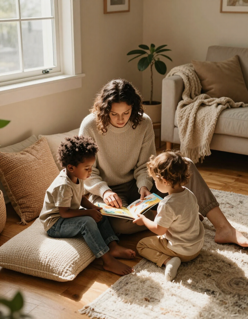 Caregiver reading with children on a cozy living room floor