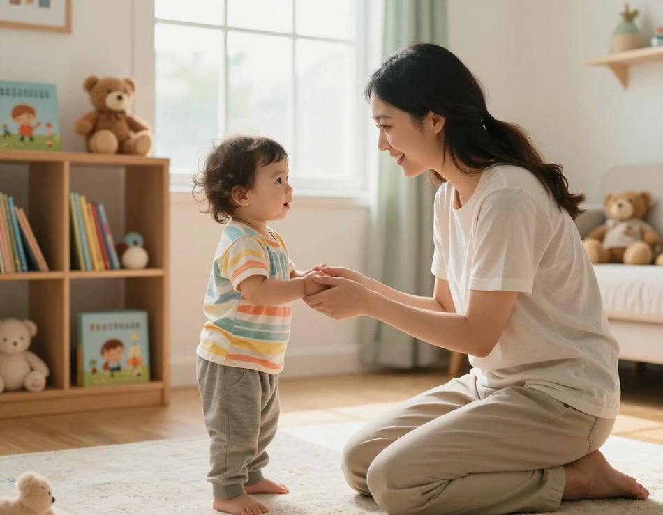 Caregiver at eye level with toddler in warm home setting