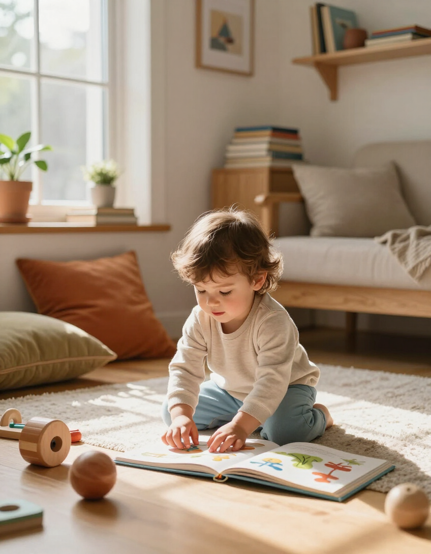 Young child playing happily in a cozy home setting