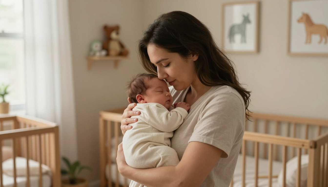 Caregiver cradling a newborn in a warm home nursery