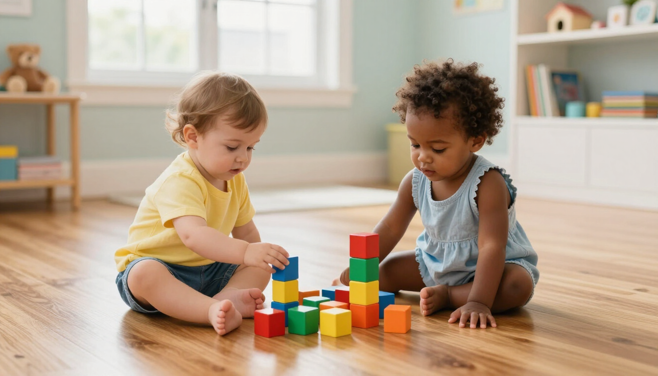 Two toddlers playing with wooden blocks in a bright home playroom