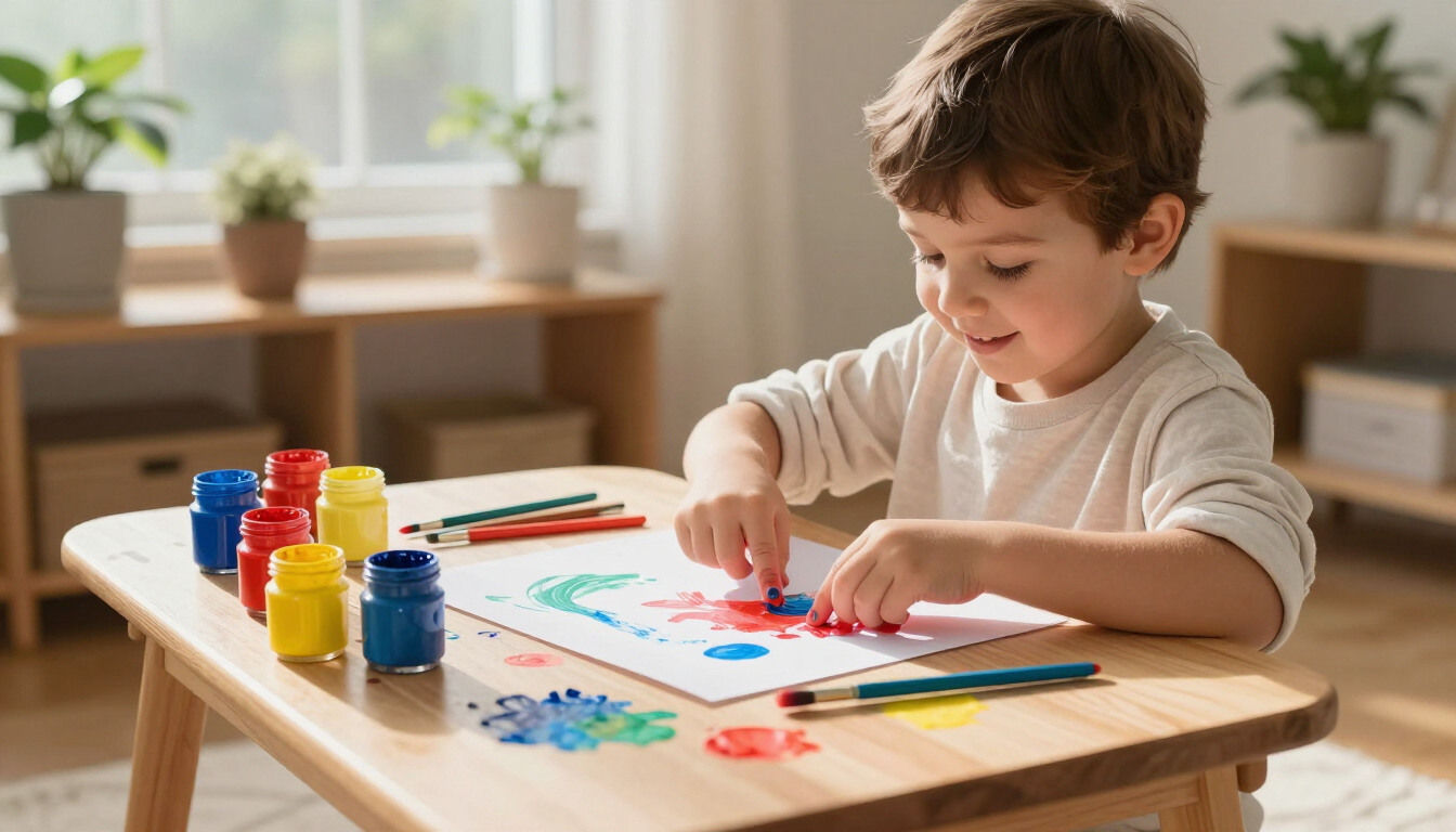 Preschool child finger-painting at a small wooden table