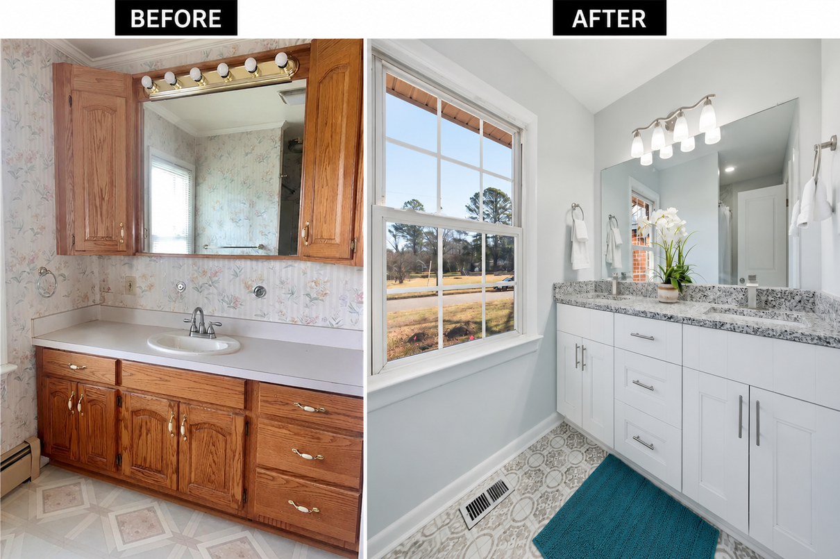 Before-and-after bathroom remodel: old wood vanity replaced with bright white double vanity and marble-look counters.
