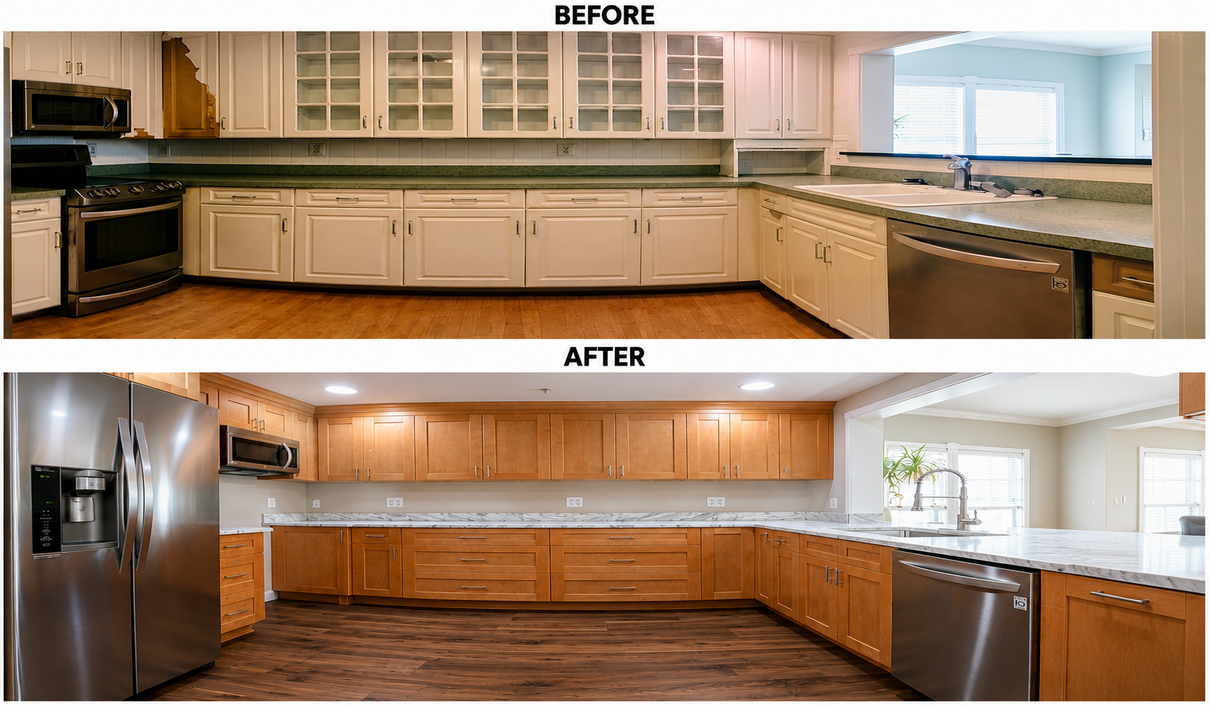 Before-and-after kitchen remodel: dated white cabinets replaced with warm wood cabinetry and dark floors.