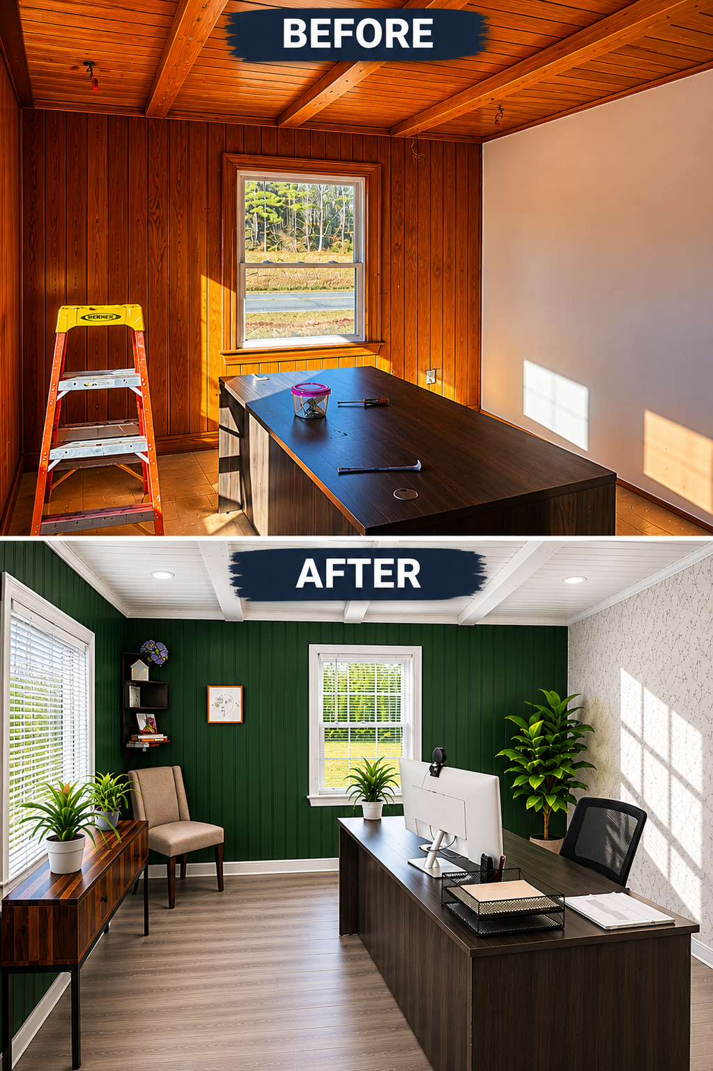 Before-and-after of a small room remodeled from unfinished wood to a modern office with green walls and desk