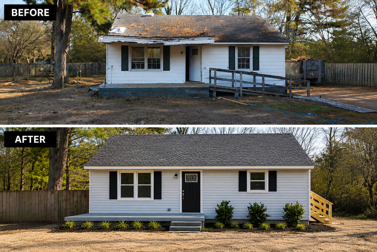 Before-and-after photo of a small white house exterior renovation with new siding and landscaping.