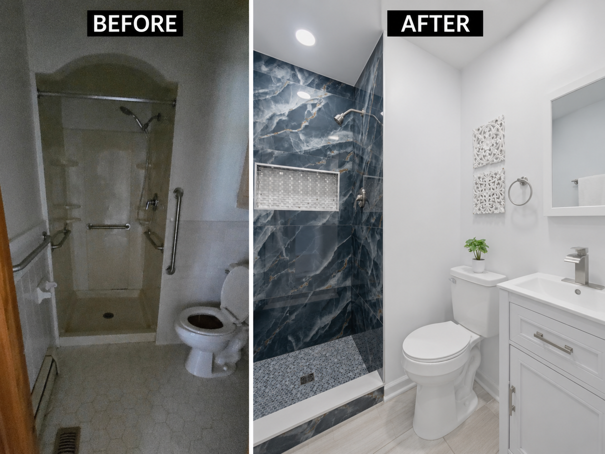 Before-and-after bathroom remodel: dark outdated shower transformed into bright white shower and vanity.