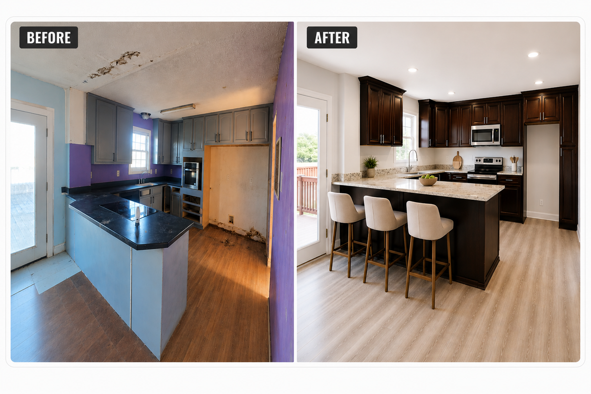 Before-and-after kitchen remodel: outdated blue kitchen transformed into modern dark wood and white island design.