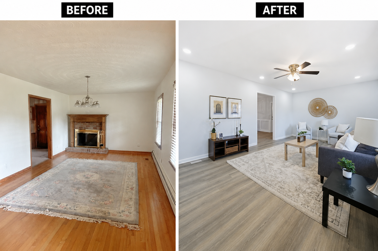 Before-and-after living room: dated fireplace room updated to bright modern space with gray sofa and light decor