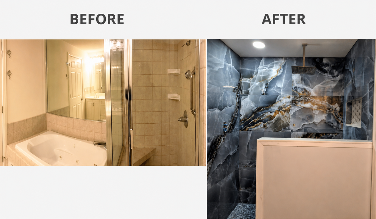 Before-and-after bathroom remodel: beige tub area replaced with gray stone shower and white vanity.
