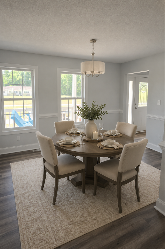 Bright dining room with a round table, upholstered chairs, large windows, and a hanging light fixture