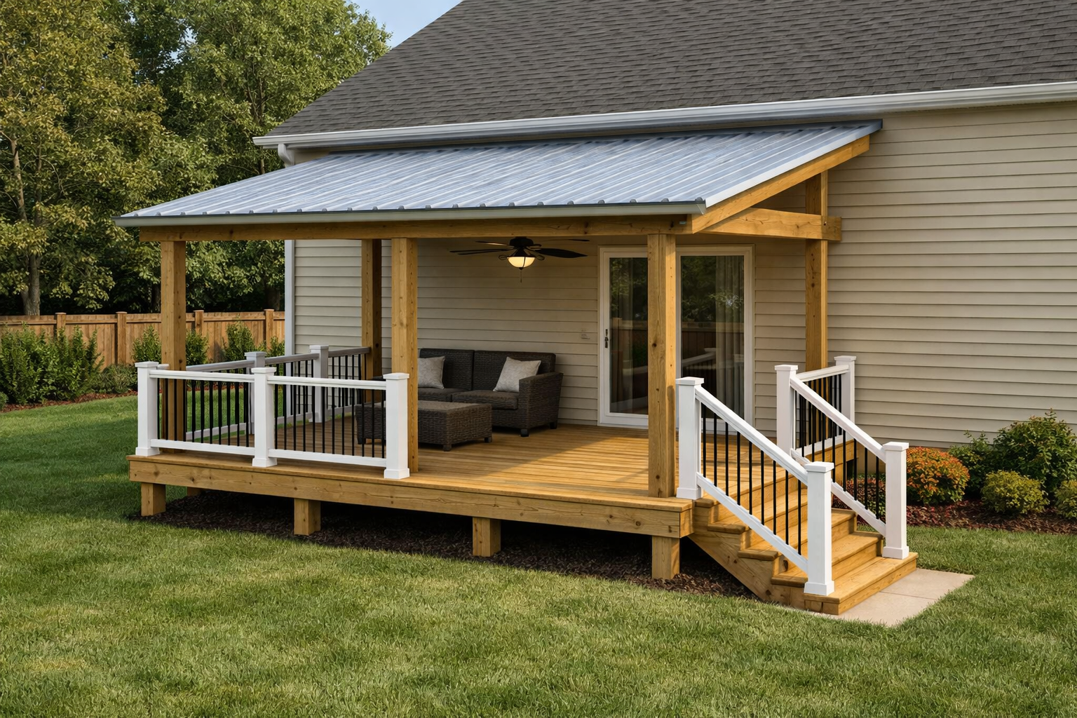 Covered wooden porch deck with white railings and steps beside a house in a grassy yard