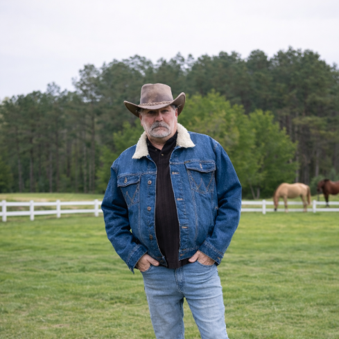 Man in a cowboy hat and denim jacket standing in a grassy field with horses and a white fence