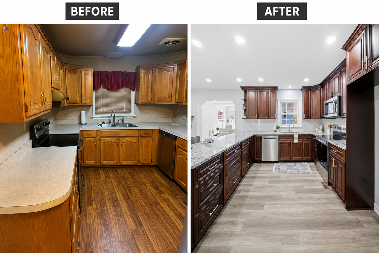 Before-and-after kitchen remodel: dark wood cabinets replaced with bright white cabinets and light flooring.
