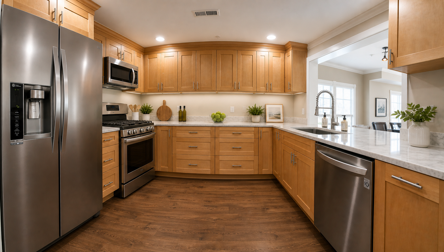 Bright modern kitchen with stainless steel appliances, wooden cabinets, and dark wood floors