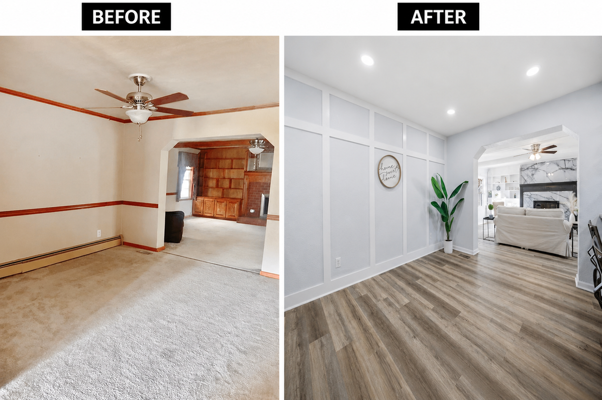 Before-and-after room renovation: old beige room transformed into bright modern gray space with wood flooring.