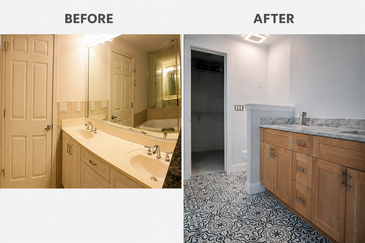 Before-and-after bathroom renovation: beige vanity replaced with white sink and wood cabinet, updated tile floor.