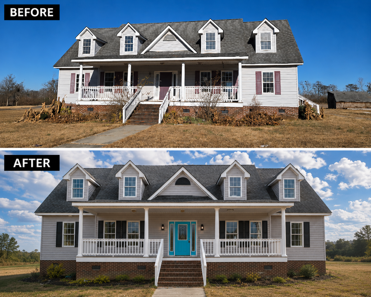 Before-and-after of a renovated white farmhouse, with a porch and bright blue front door in the after image