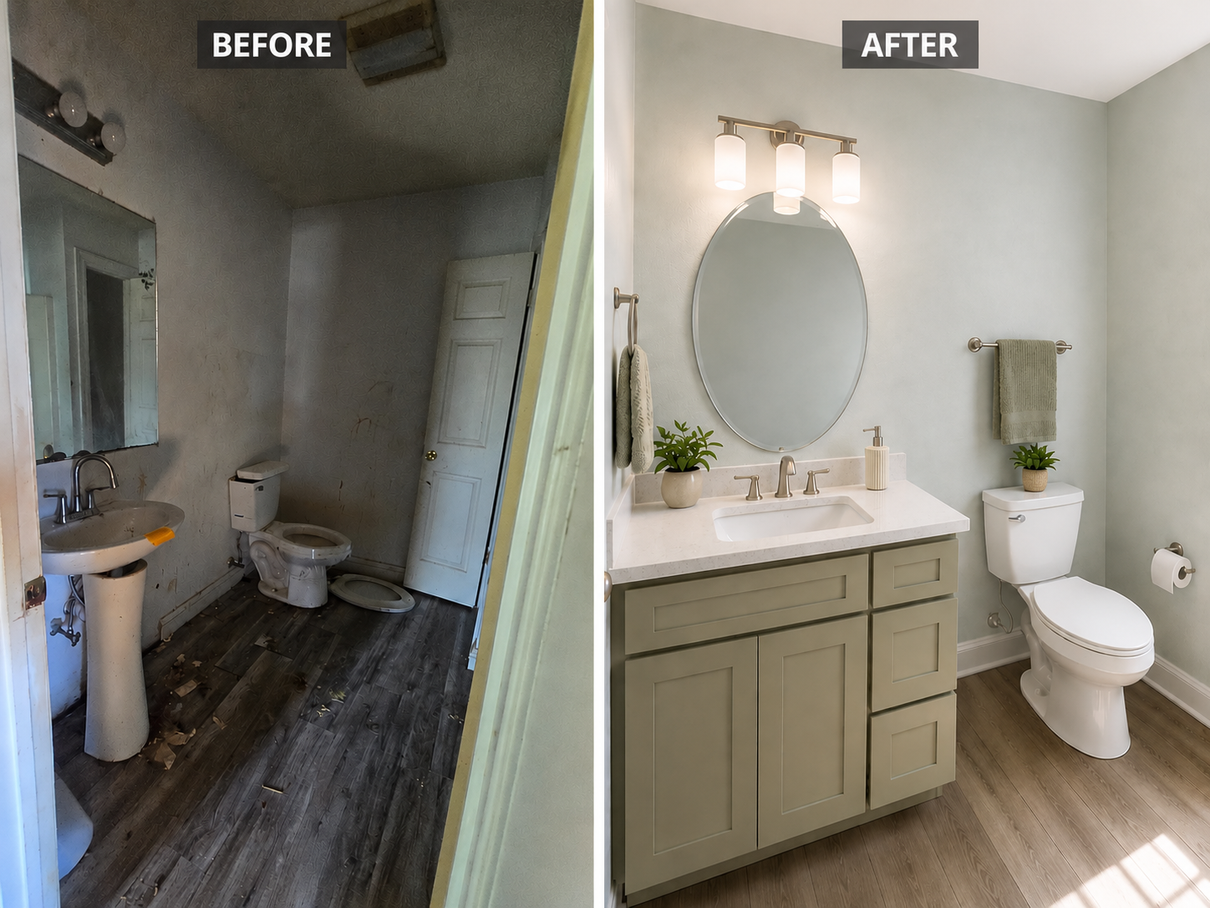 Before-and-after bathroom remodel: dark, unfinished room transformed into a bright vanity and toilet space.