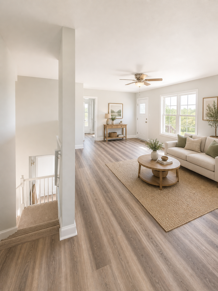 Bright open living room with beige sofa, round coffee table, woven rug, and large windows.