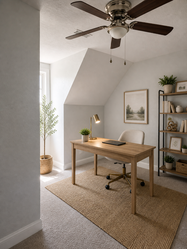 Minimal home office with wooden desk, chair, lamp, and shelving on a beige rug under a vaulted ceiling