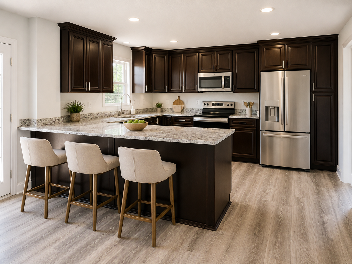 Modern kitchen with dark cabinets, stainless steel appliances, a central island, and four stools