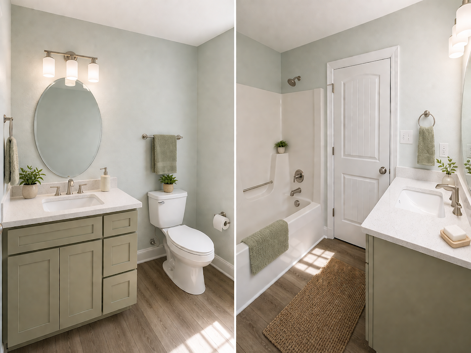 Bright bathroom with vanity, oval mirror, toilet, and a tiled shower with green towels