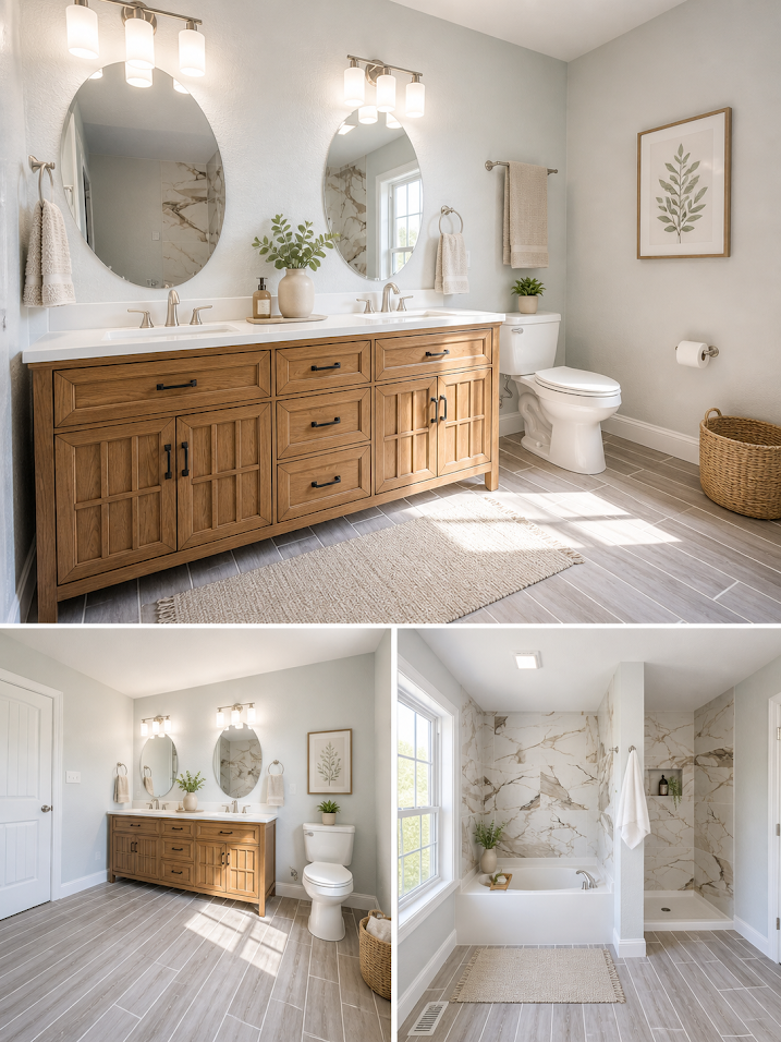 Bright bathroom with wood vanity, round mirrors, bathtub, toilet, and woven basket accents