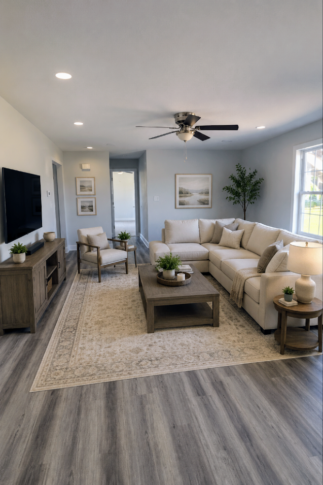 Bright living room with beige sectional, coffee table, TV, armchair, rug, and ceiling fan.