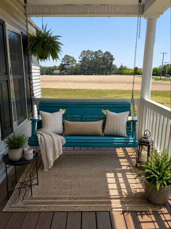 Covered porch with teal swing, wicker rug, and potted plants overlooking a field