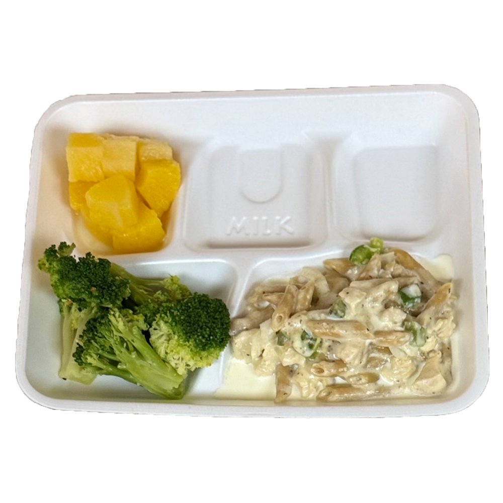 A styrofoam tray filled with broccoli , macaroni and cheese , and pineapple slices.